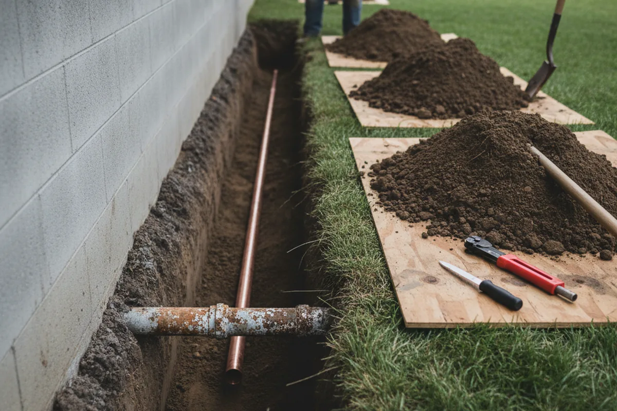 Excavated water line trench during Sewer Line Repair in Wheaton